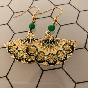 Emerald Green and Gold Art Deco Fan Earrings